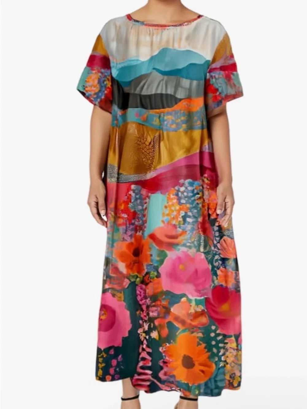 Vibrant Multicolor Floral Short-Sleeve Maxi Dress